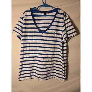 Ralph Lauren Blue White Stripe Tshirt Shirt Womens Vneck Size Medium M Polo Logo
